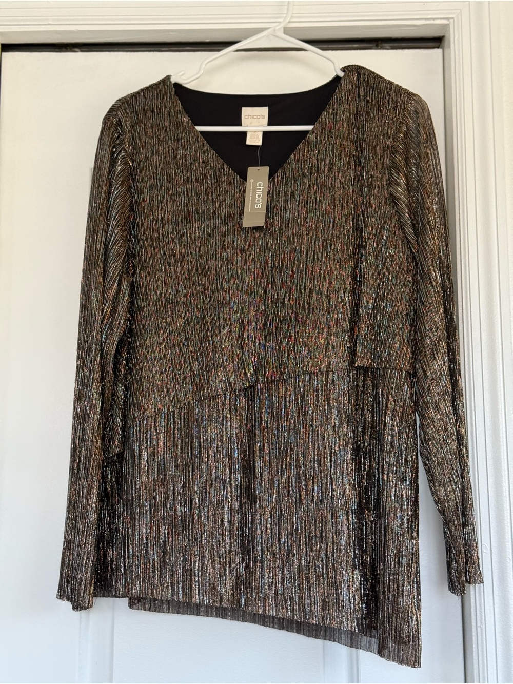 Chico's Shimmery Bronze Metallic Pleated V-Neck Blouse